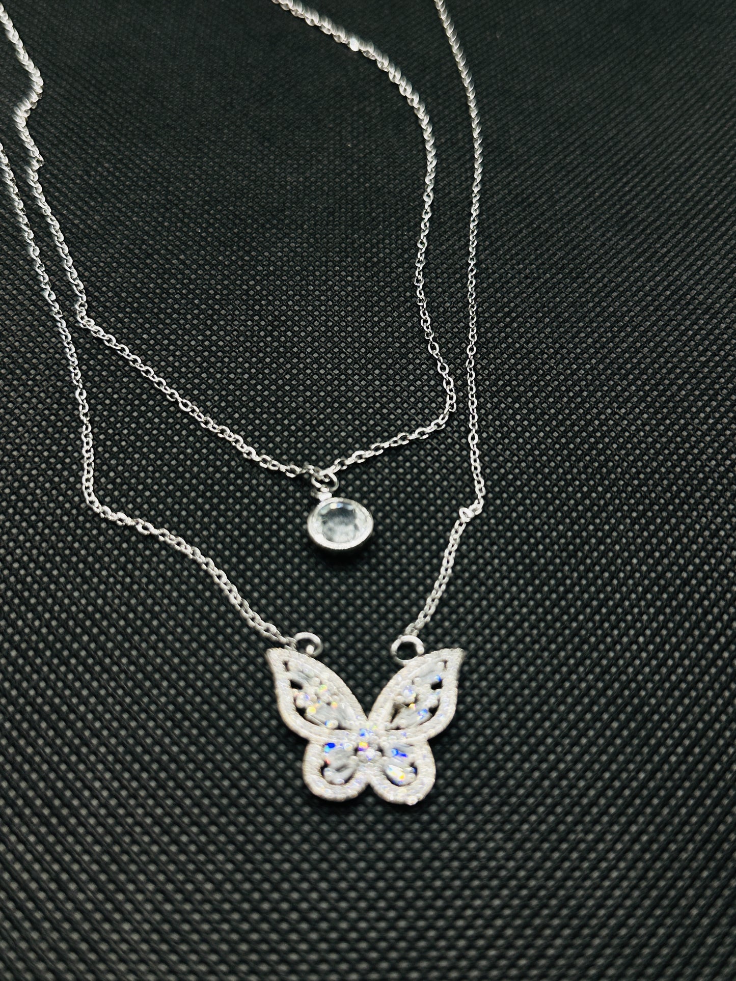 Double Chain Silver Butterfly Pendant Necklace