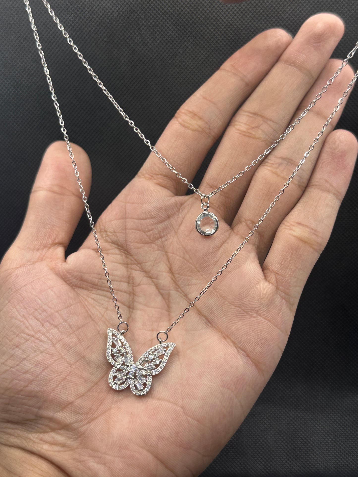 Double Chain Silver Butterfly Pendant Necklace