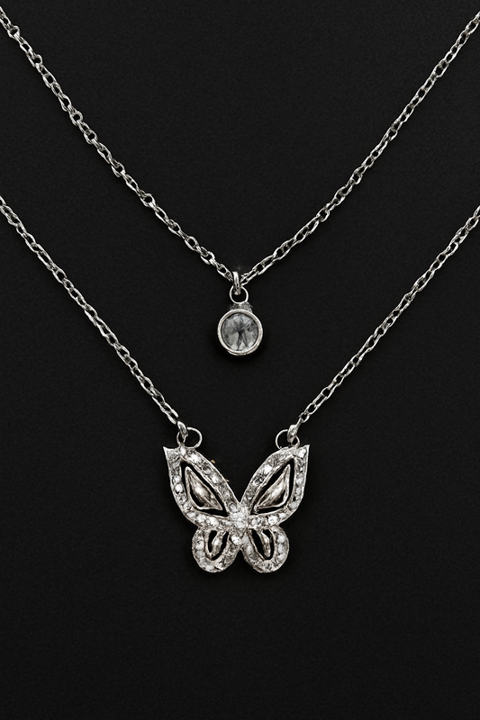 Double Chain Silver Butterfly Pendant Necklace